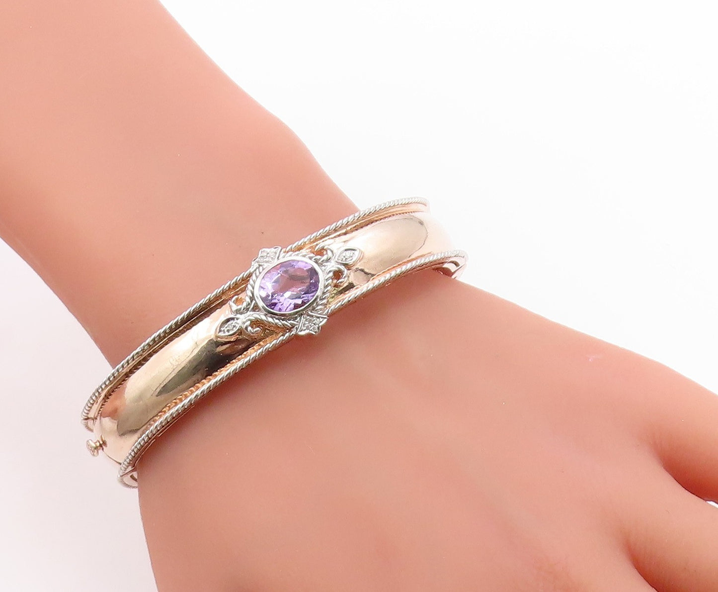 925 Sterling Silver Vintage Bracelet Gold Plated Amethyst Bangle  BT12005
