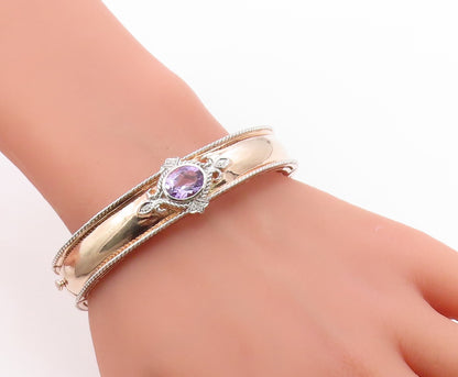 925 Sterling Silver Vintage Bracelet Gold Plated Amethyst Bangle  BT12005