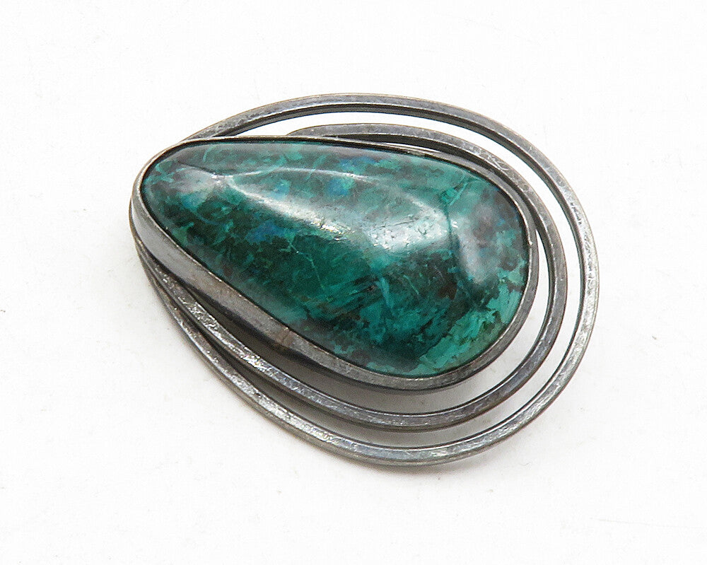 ISRAEL 925 Silver  Vintage Chrysocolla Modernist Oxidized Brooch Pin  BP4544
