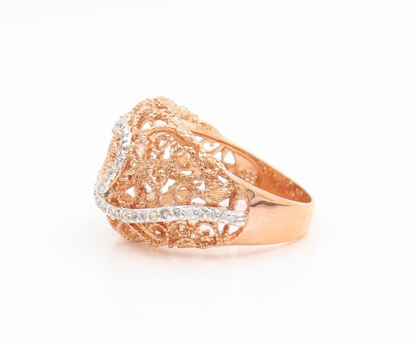 925 Sterling Silver Vintage Ring Gold Plated CZ Love Heart Dome  Sz 8  RG35289