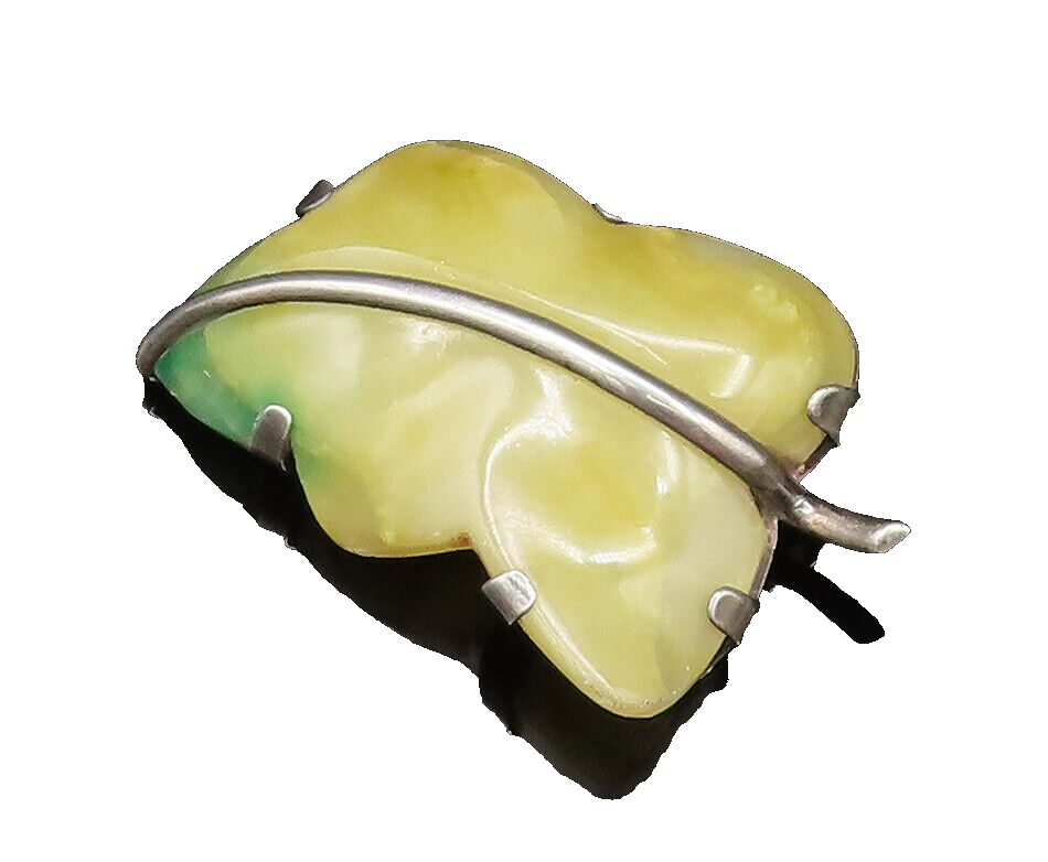 MEXICO 925 Sterling Silver Vintage Unique Yellow Jade Leaf Brooch Pin BP9891