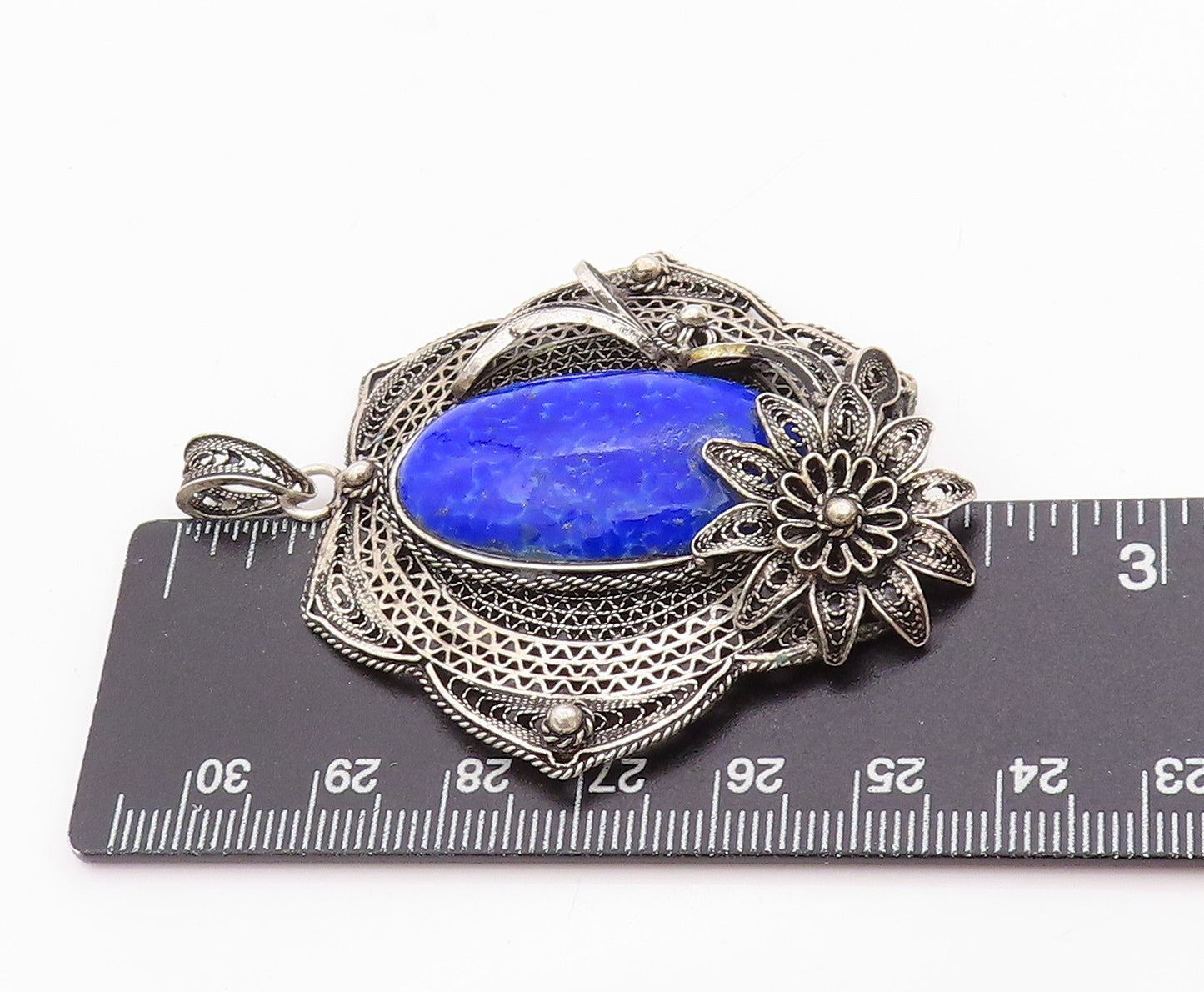 925 Sterling Silver Vintage Pendant Gemstone Dark Tone Floral Filigree  PT24762