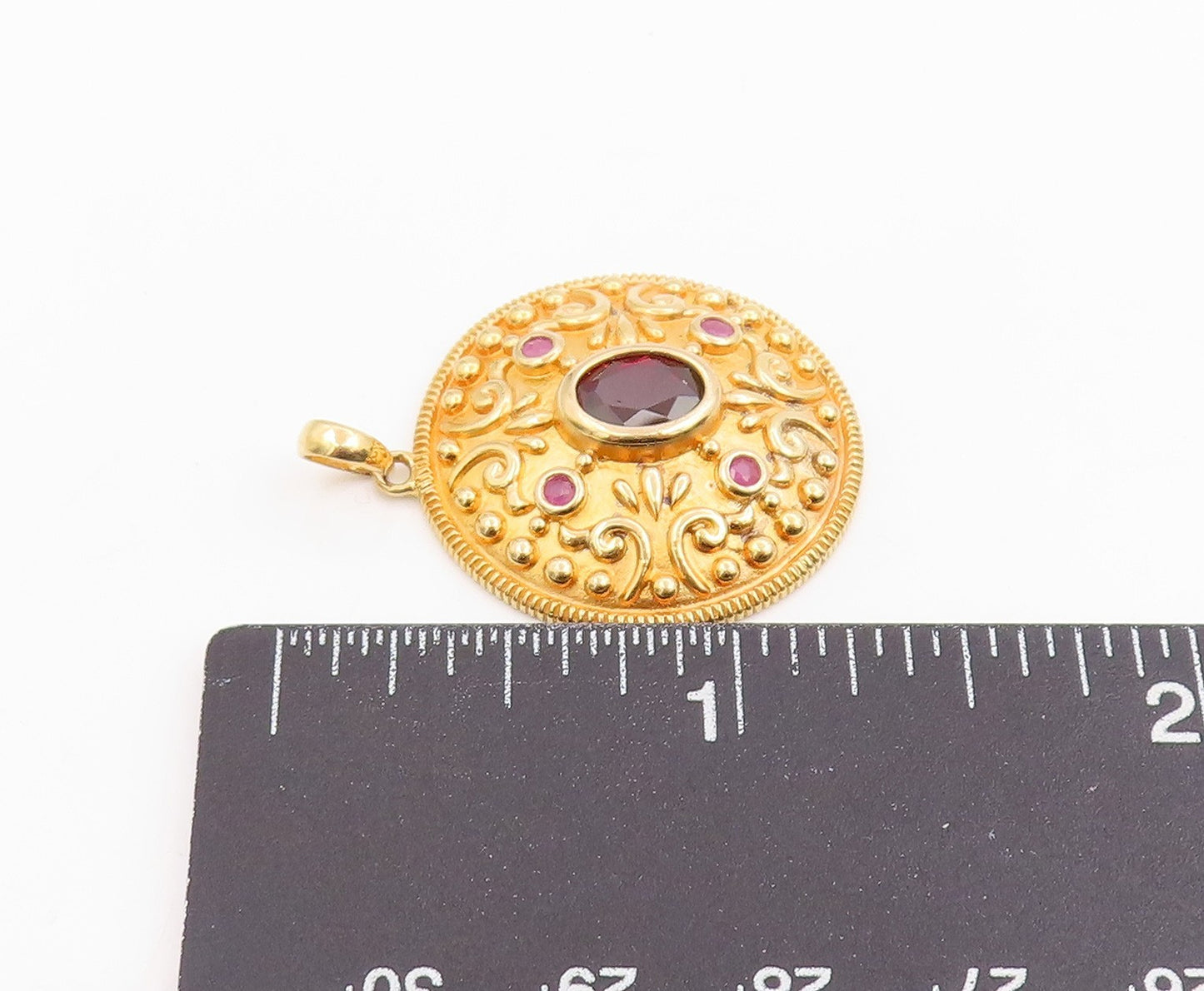 925 Sterling Silver Vintage Pendant Gold Plated Garnet & Ruby Medallion  PT26216