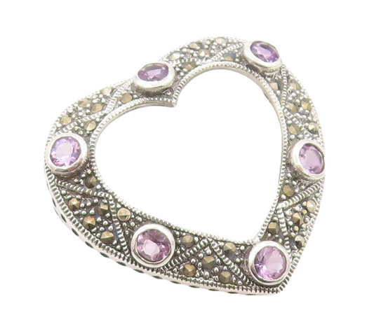 925 Sterling Silver Vintage Brooch Pin Amethyst & Marcasite Inlay Heart  BP11272