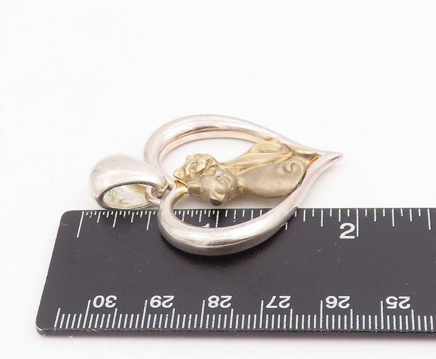 925 Sterling Silver Vintage Pendant Two Tone Cat Couple In Love Heart  PT25890
