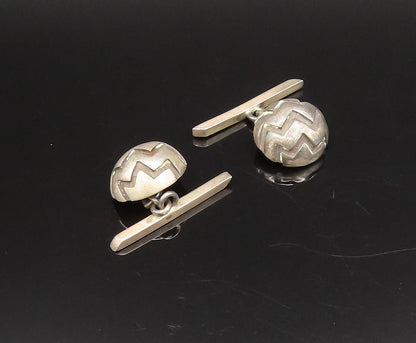 925 Sterling Silver  Vintage Carved Wavy Lines Dome Chain Cuff Links  TR3423