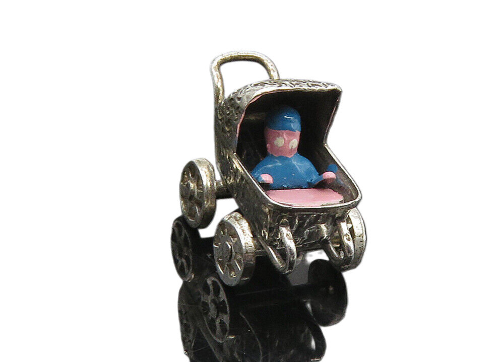 925 Sterling Silver  Vintage Petite Old Fashioned Baby Carriage Pendant PT7197