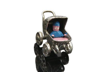 925 Sterling Silver  Vintage Petite Old Fashioned Baby Carriage Pendant PT7197