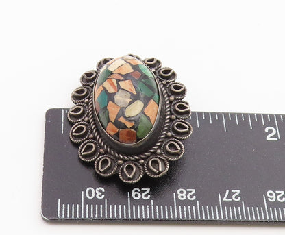 925 Sterling Silver Vintage Brooch Pin Multi gemstone Scalloped Border  BP12644