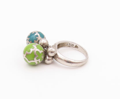 925 Sterling Silver Vintage Ring Floral Design Enameled Beads  Sz 6.5  RG32378