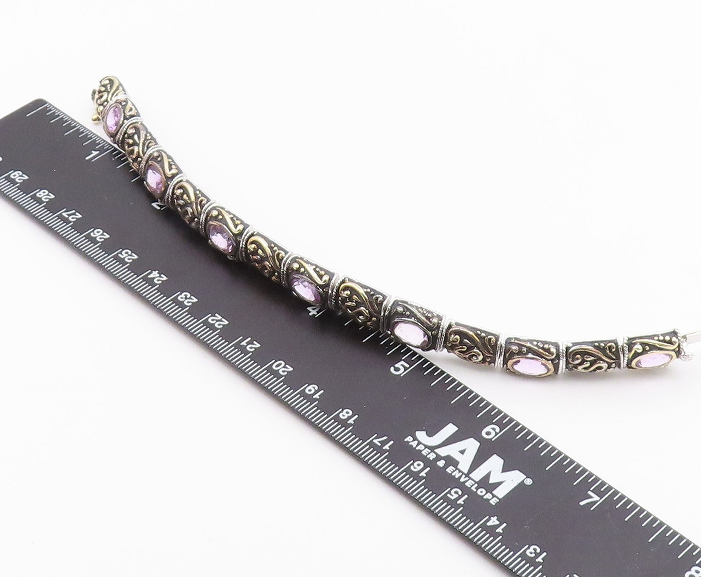 925 Sterling Silver  Vintage Amethyst Two Tone Swirl Chain Bracelet  BT8484