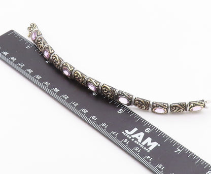 925 Sterling Silver  Vintage Amethyst Two Tone Swirl Chain Bracelet  BT8484