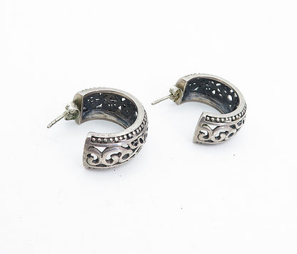 925 Sterling Silver  Vintage Dark Tone Open Floral JHoop Earrings  EG2425
