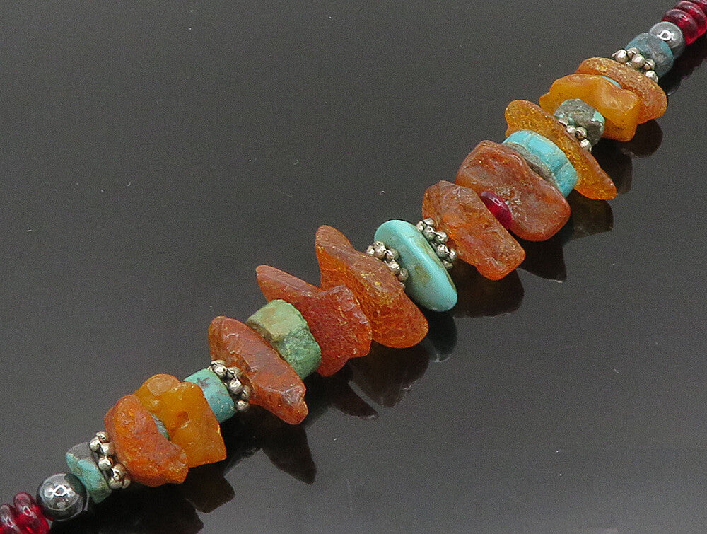 925 Sterling Silver  Vintage Garnet Amber & Turquoise Necklace  NE3831