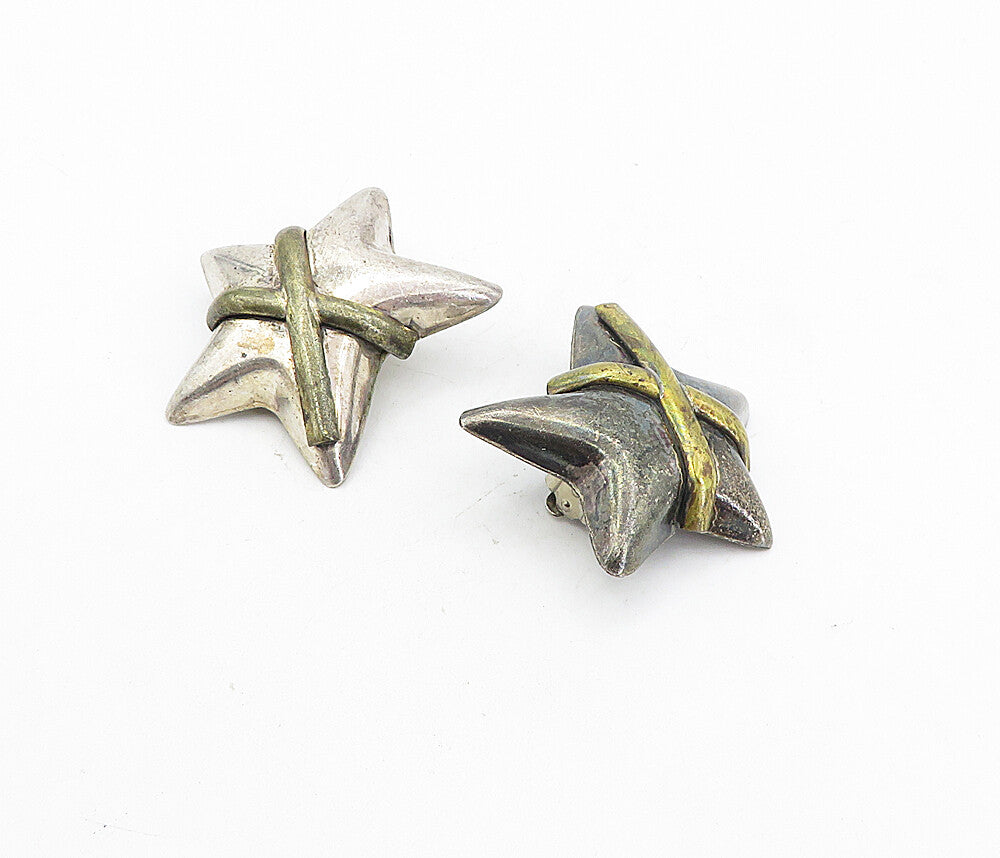 925 Sterling Silver  Vintage Two Tone Wrapped Star Non Pierce Earrings  EG4199