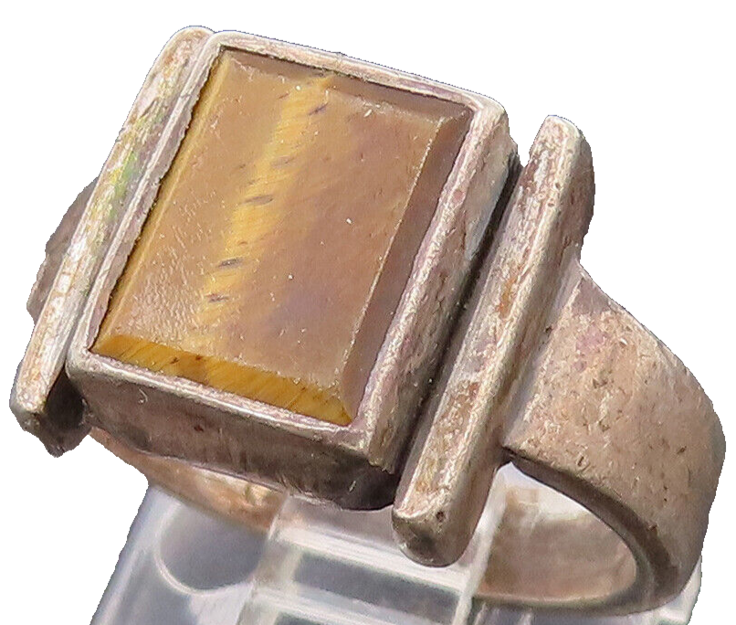 925 Sterling Silver Vintage Square Boxed Tiger Eye Solid Ring Sz 5.75 RG26639