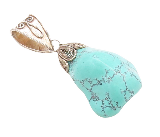 925 Sterling Silver Vintage Pendant Modernist Amorphas Shape Turquoise  PT23854