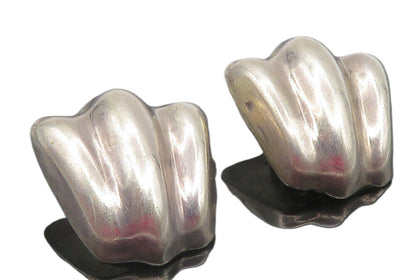 MEXICO 925 Sterling Silver  Vintage Shiny Fluted Non Pierce Earrings  EG6268