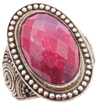 925 Sterling Silver Vintage Ring Oval Red Gemstone Halo Beaded  Sz 8.5  RG30201
