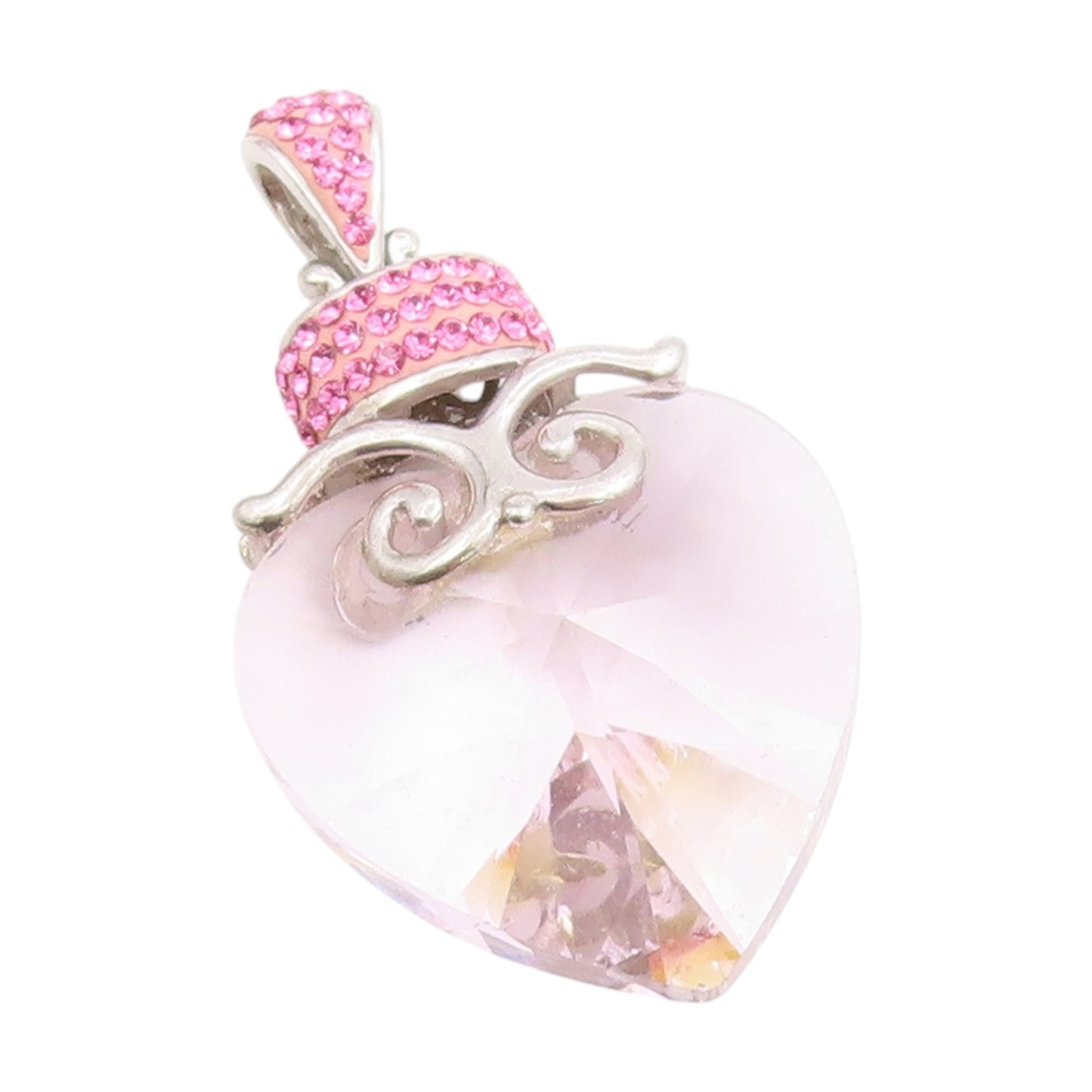 925 Sterling Silver Vintage Pendant Pink Topaz Love Heart Glass Crystal  PT25444