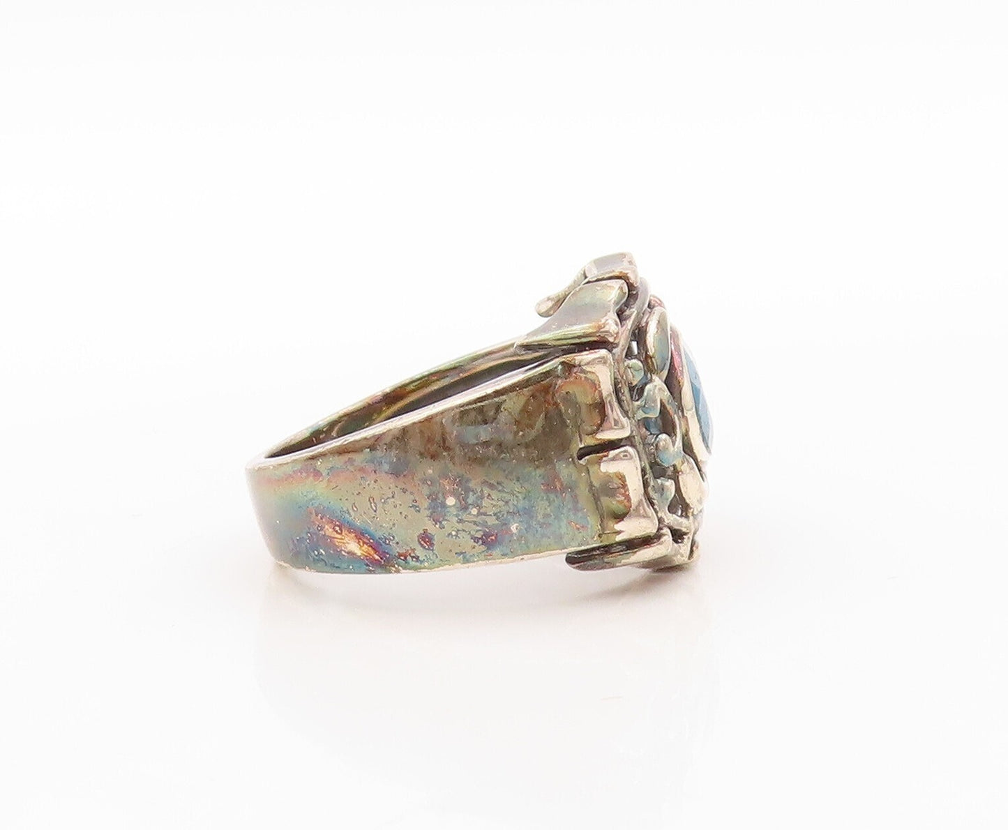 925 Sterling Silver Vintage Ring Brutalist Carved Oval Gemstone   Sz 8  RG30925