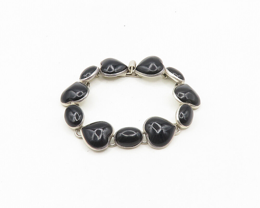 MEXICO 925 Sterling Silver  Vintage Black Onyx Hearts Chain Bracelet  BT7458