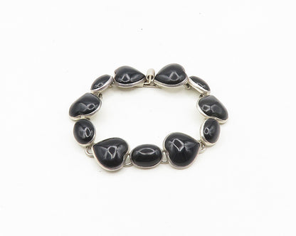 MEXICO 925 Sterling Silver  Vintage Black Onyx Hearts Chain Bracelet  BT7458