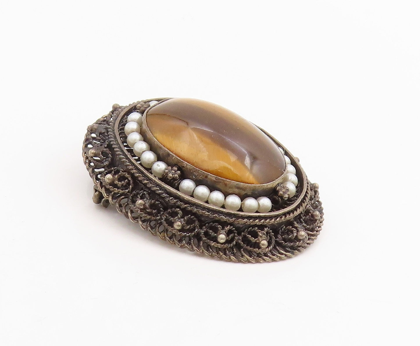 925 Sterling Silver Vintage Brooch Cabochon Tiger's Eye & Pearl Pin  BP12091