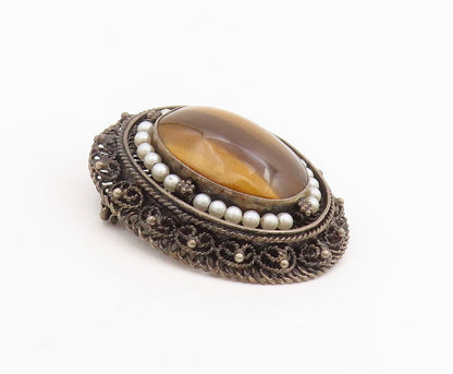 925 Sterling Silver Vintage Brooch Cabochon Tiger's Eye & Pearl Pin  BP12091