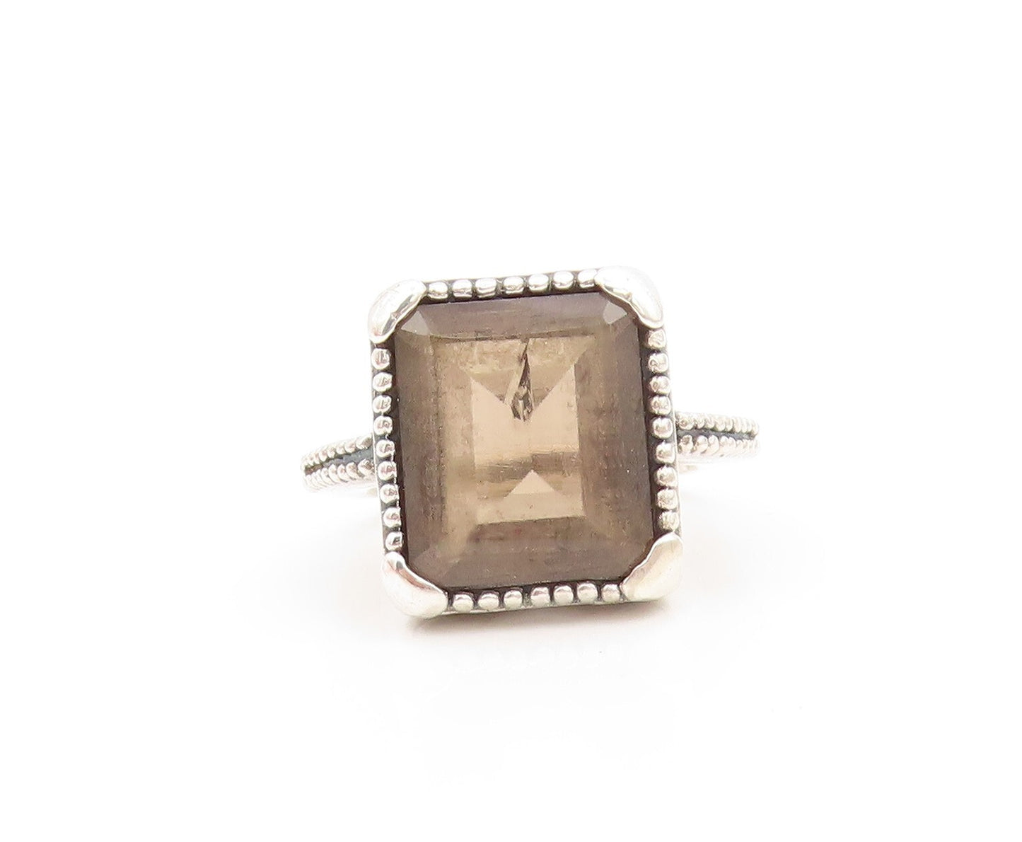925 Sterling Silver Vintage Ring Rectangle Smoky Quarts Heart Cut  Sz 5  RG31810