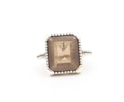 925 Sterling Silver Vintage Ring Rectangle Smoky Quarts Heart Cut  Sz 5  RG31810