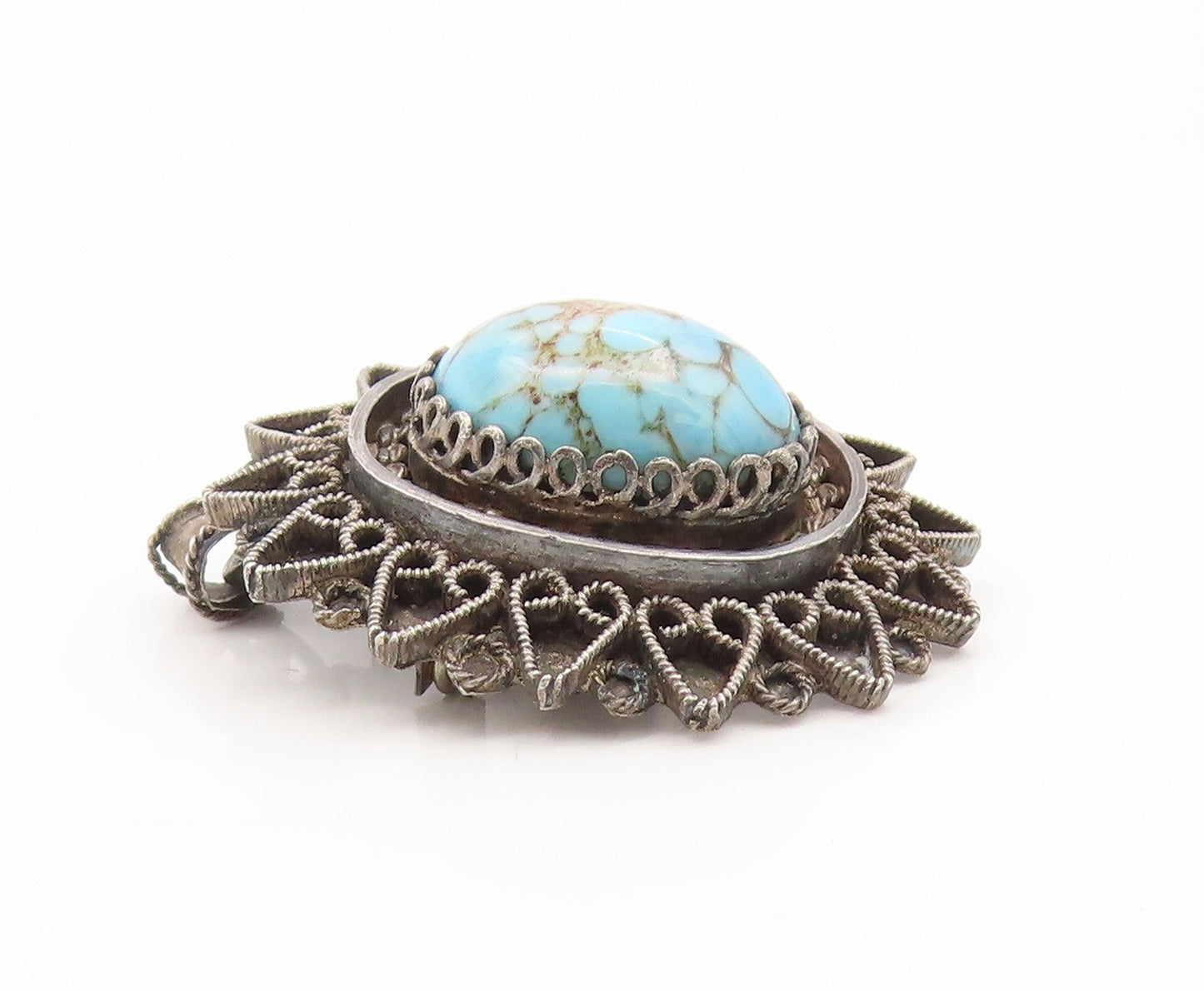 925 Sterling Silver Vintage Brooch ISRAEL Cabochon Turquoise Floral Pin  BP12423