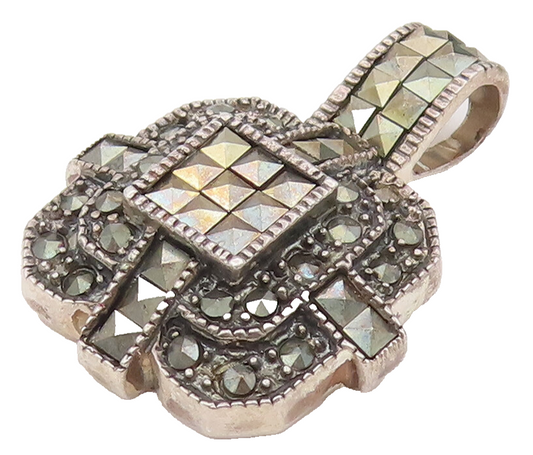 925 Sterling Silver  Vintage Marcasite Square Pyramid Dome Pendant  PT22201
