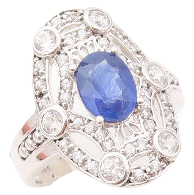 925 Sterling Silver Vintage Ring Spider Web Cutout CZ & Sapphire  Sz 7  RG30609