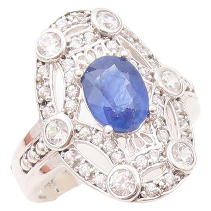 925 Sterling Silver Vintage Ring Spider Web Cutout CZ & Sapphire  Sz 7  RG30609