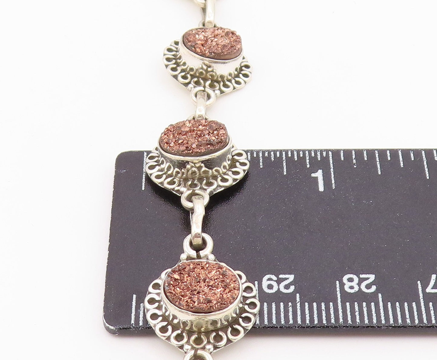 925 Sterling Silver  Druzy Stone Shiny Floral Link Chain Bracelet  BT3641