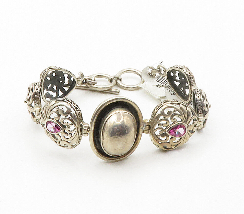 925 Sterling Silver  Vintage Pink Topaz Floral Hinge Chain Bracelet  BT5900
