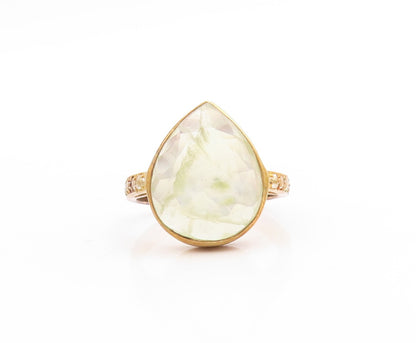 925 Sterling Silver Vintage Ring Gold Drop Cut Green Gemstone & CZ Sz 8  RG30535