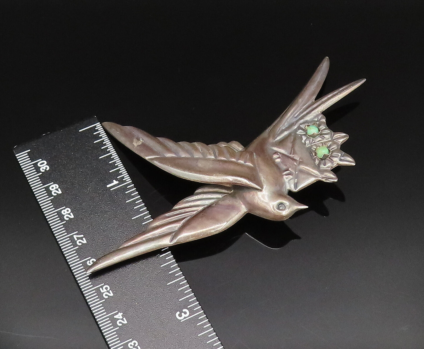 MEXICO 925 Silver  Vintage Antique Dove Bird Turquoise Mail Brooch Pin  BP9682