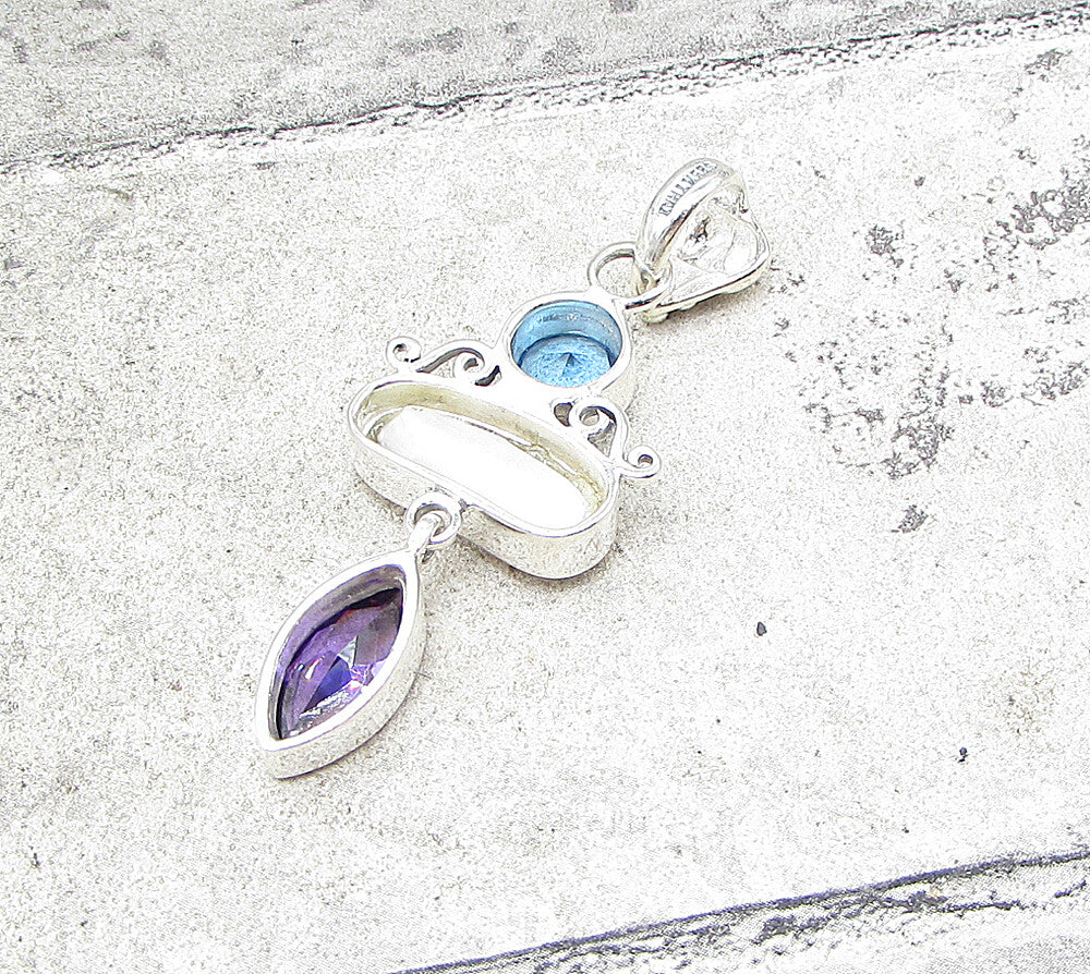 925 Silver  Bezel Set Mother of Pearl Amethyst & Blue Topaz Drop Pendant PT1374