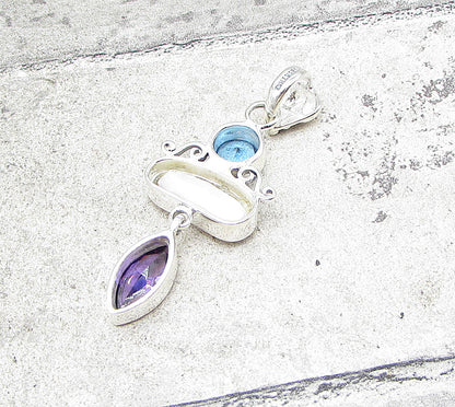 925 Silver  Bezel Set Mother of Pearl Amethyst & Blue Topaz Drop Pendant PT1374