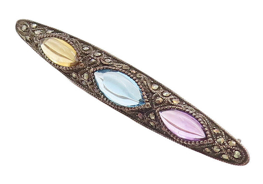 925 Sterling Silver Vintage Brooch Pin Cabochon Multi Color Gemstones BP10873