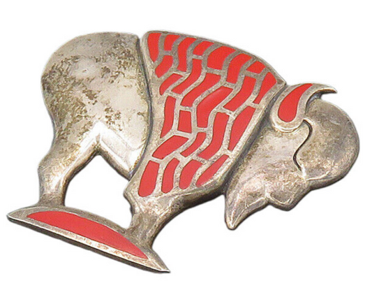 CAROL FELLEY 925 Silver  Vintage Red Coral American Bison Brooch Pin  BP8374