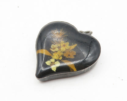 925 Sterling Silver  Vintage Flower Glass Art Love Heart Drop Pendant  PT7968