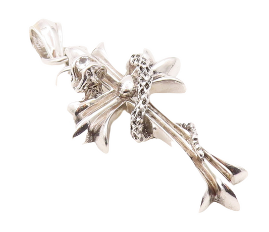 925 Sterling Silver Vintage Pendant Religious Cross With CZ Snake Around PT23612