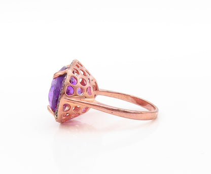 925 Sterling Silver Vintage Ring Rose Gold Plated Oval Cut Amethyst Sz 7 RG30590