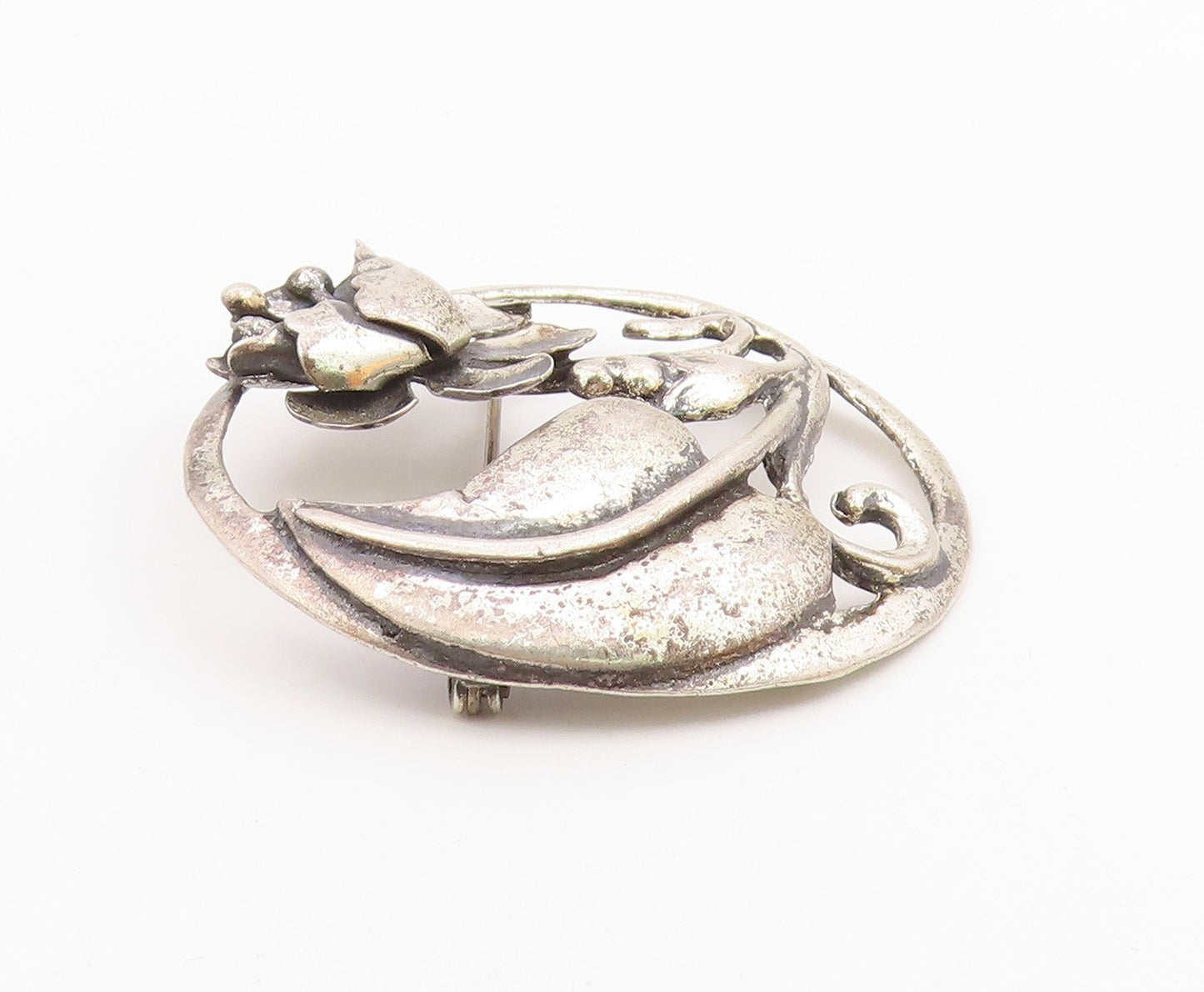 925 Sterling Silver  Vintage Antique Floral Swirl Round Brooch Pin  BP7047
