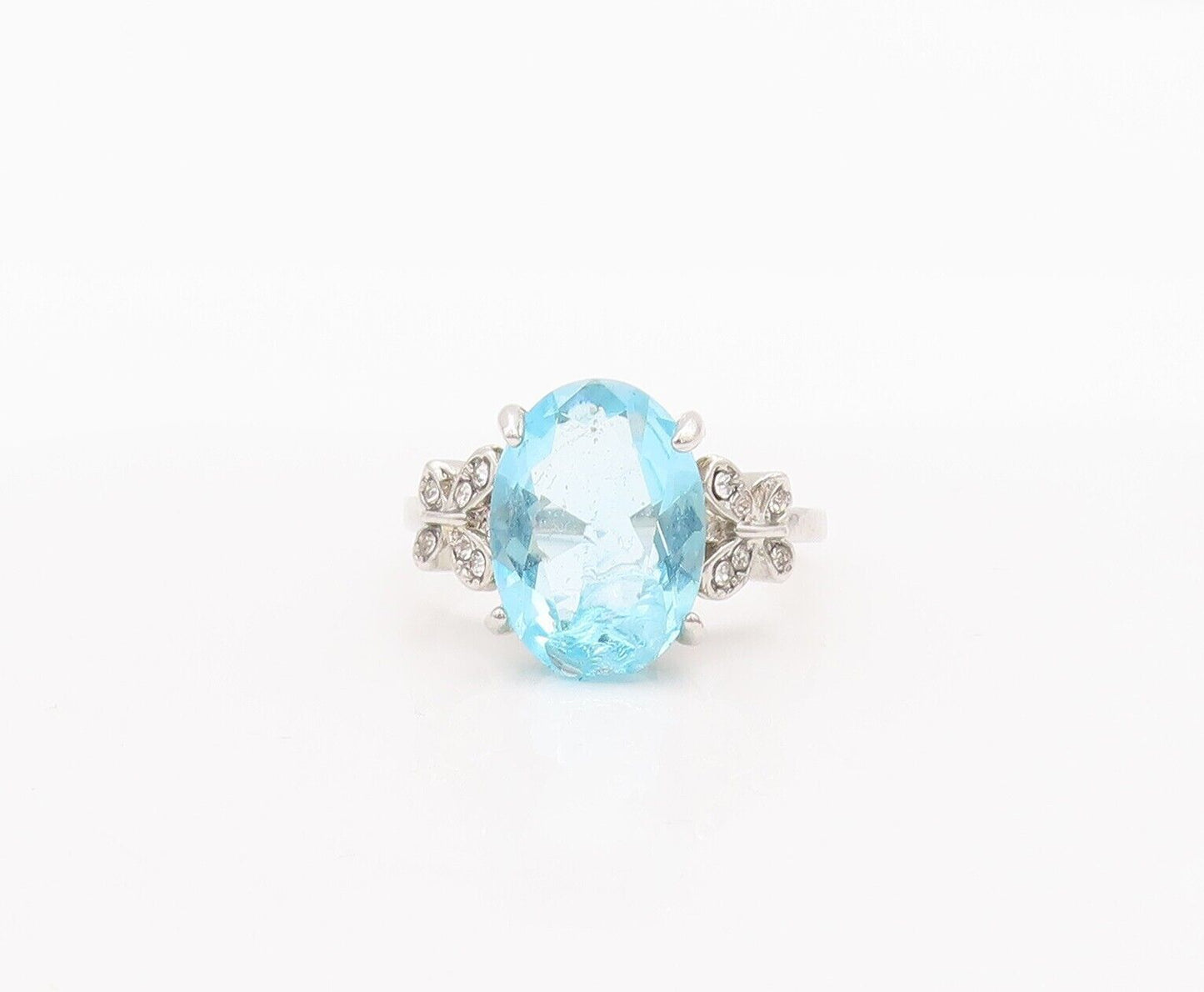 925 Sterling Silver Vintage Ring Oval Cut Blue & White CZ Carved  Sz 9  RG28472