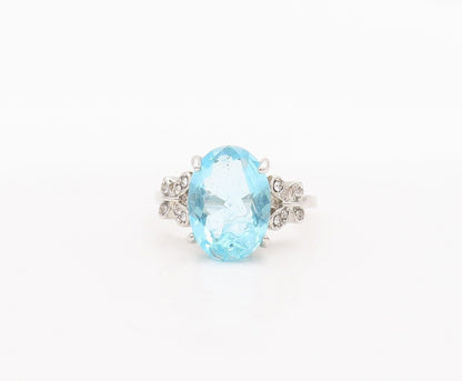 925 Sterling Silver Vintage Ring Oval Cut Blue & White CZ Carved  Sz 9  RG28472