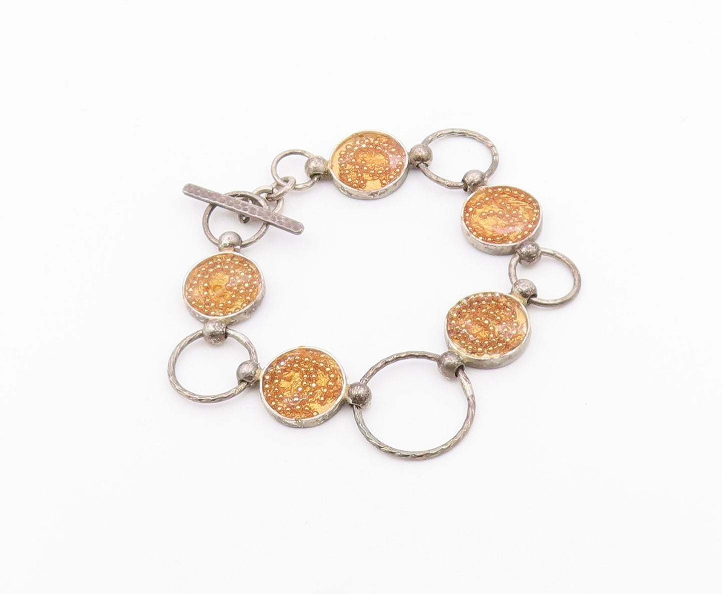 925 Sterling Silver  Vintage Beaded Detail Circle Link Chain Bracelet  BT6248